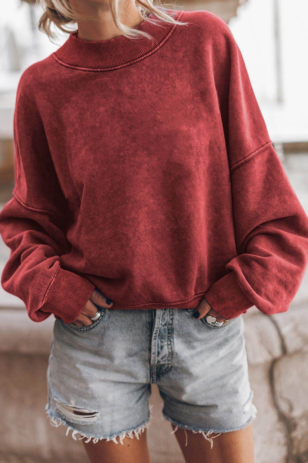 Mock Neck Dropped Shoulder Sweatshirt for a perfect OOTD – dress to impress outfits from Amexza