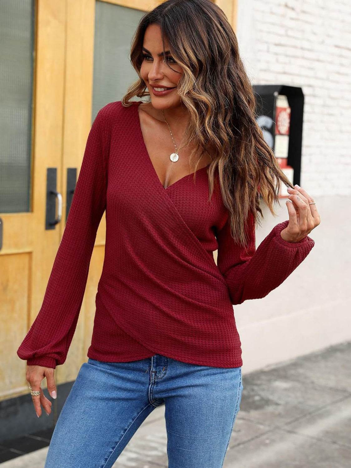 Waffle Knit Surplice Long Sleeve T-Shirt Burgundy for a perfect OOTD – dress to impress outfits from Amexza