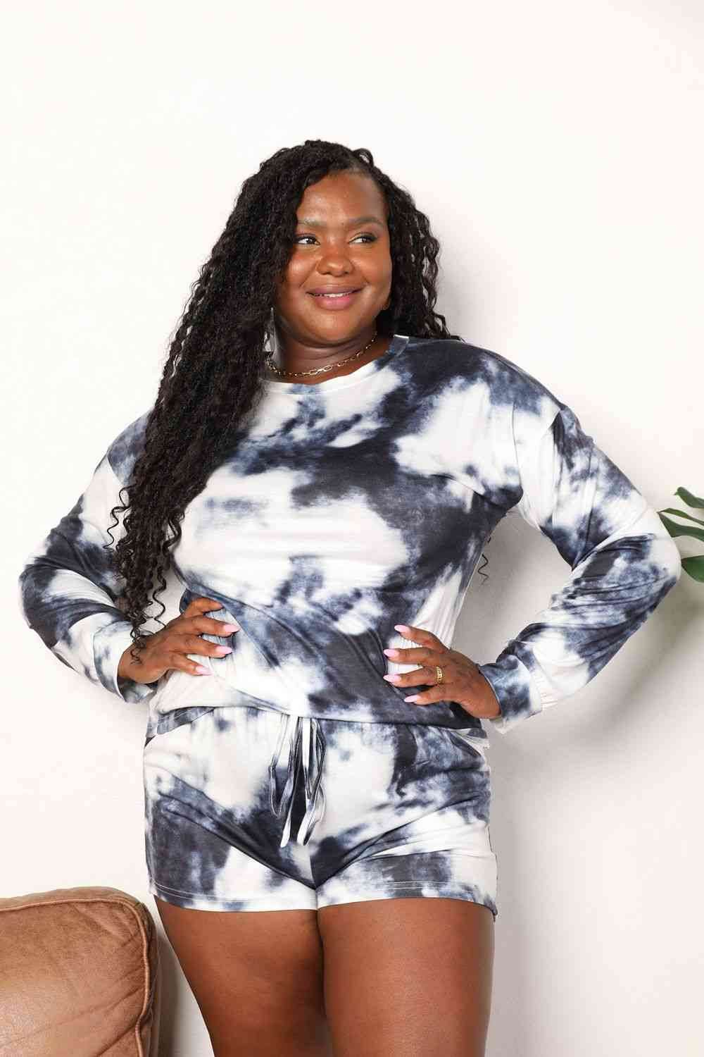 Shiny Tie-Dye Round Neck Top and Shorts Lounge Set Dark Gray for a perfect OOTD – dress to impress outfits from Amexza