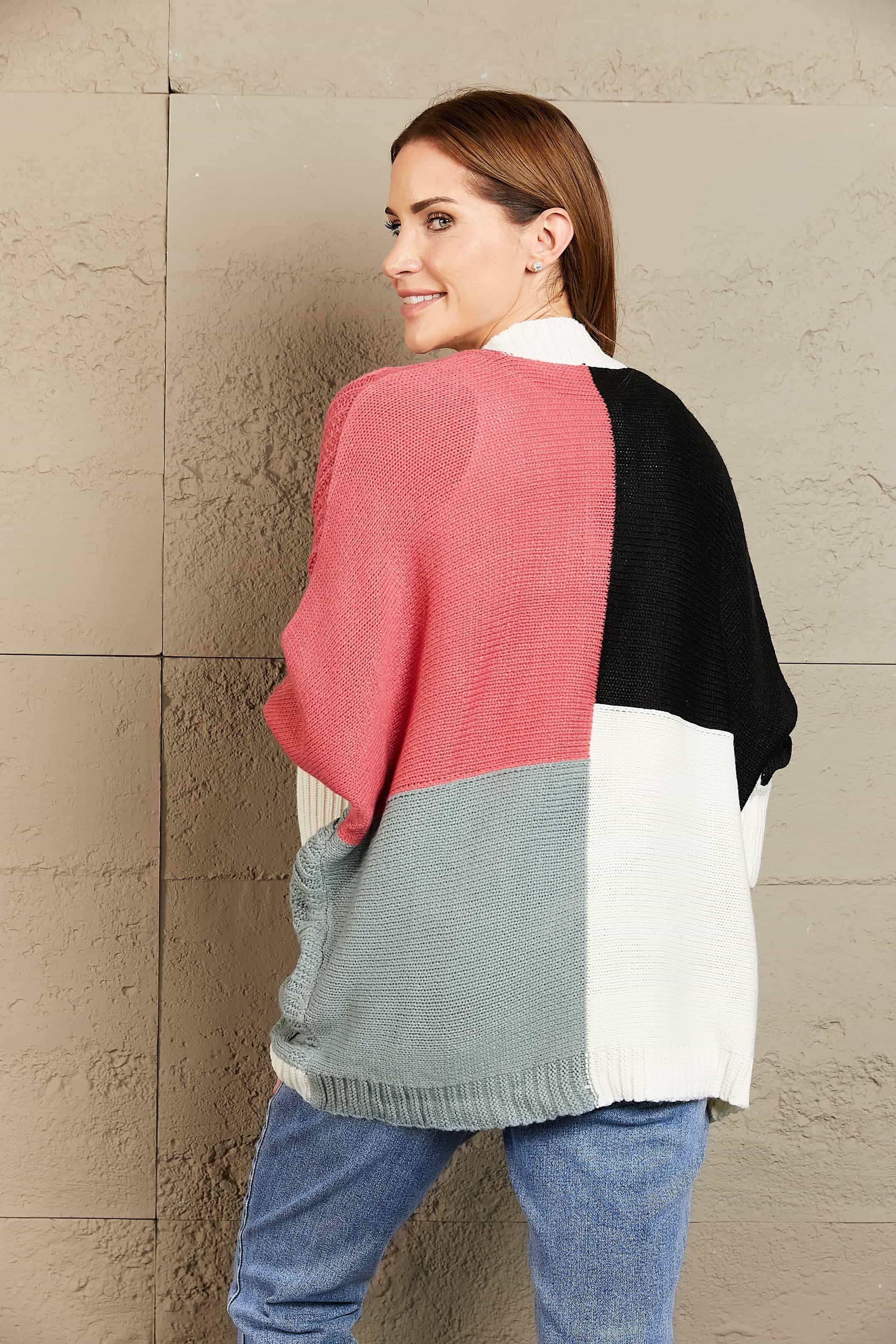 Woven Right Color Block Cable-Knit Batwing Sleeve Cardigan - Amexza