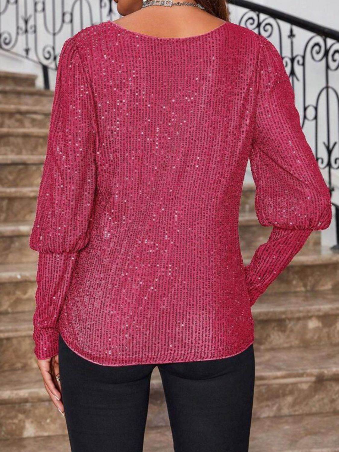 Sequin Boat Neck Long Sleeve Top for a perfect OOTD – dress to impress outfits from Amexza