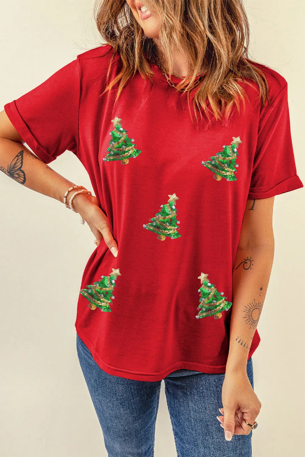 Sequin Christmas Tree Round Neck Short Sleeve T-Shirt for a perfect OOTD – dress to impress outfits from Amexza