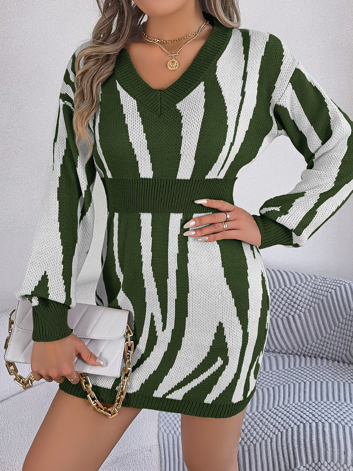 Animal Print V-Neck Long Sleeve Sweater Dress Army Green for a perfect OOTD – dress to impress outfits from Amexza