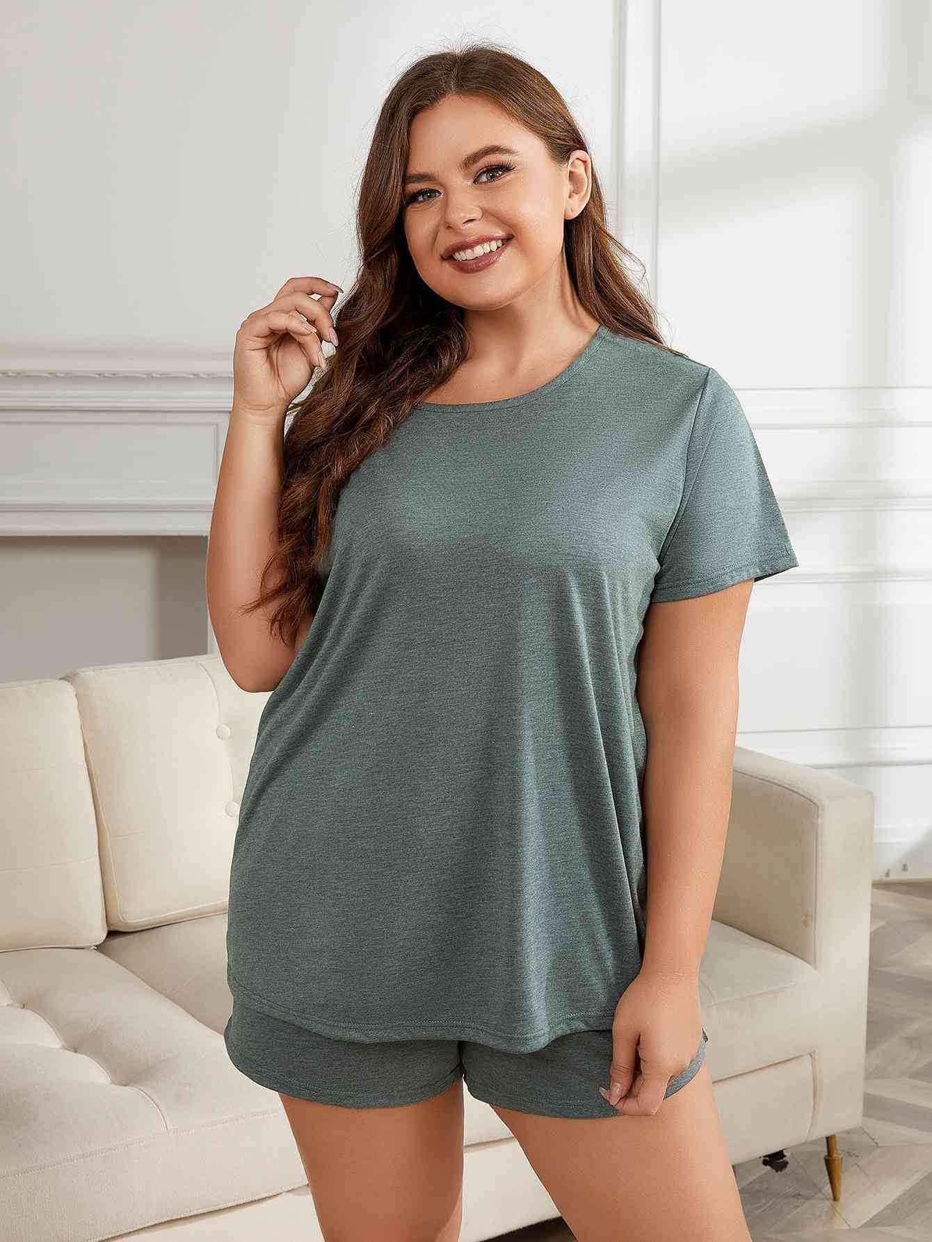 Plus Size Round Neck Short Sleeve Two-Piece Loungewear Set Sage for a perfect OOTD – dress to impress outfits from Amexza