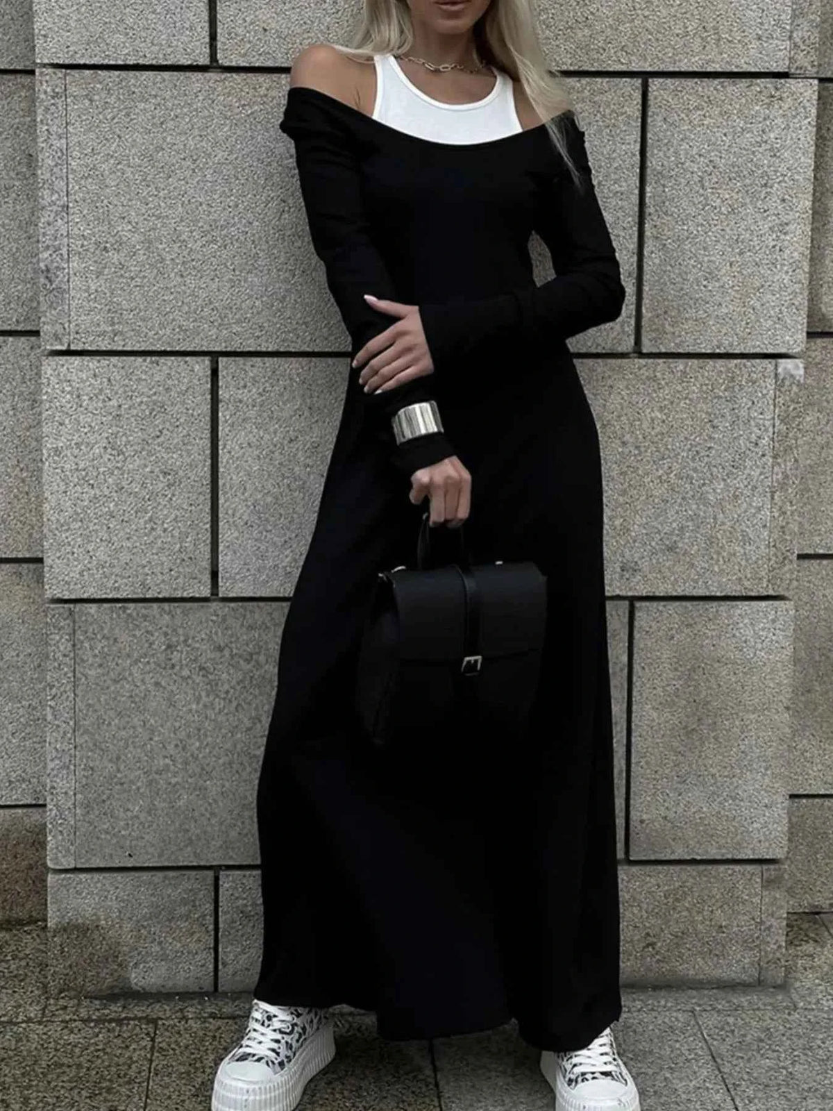 Contrast Long Sleeve Maxi Dress