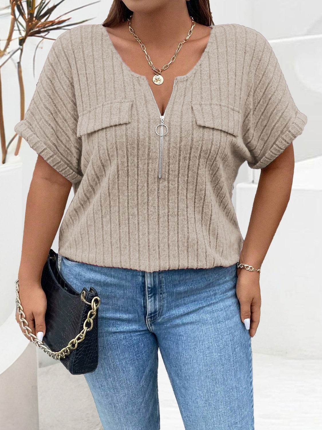 Plus Size Half Zip Short Sleeve T-Shirt for a perfect OOTD – dress to impress outfits from Amexza