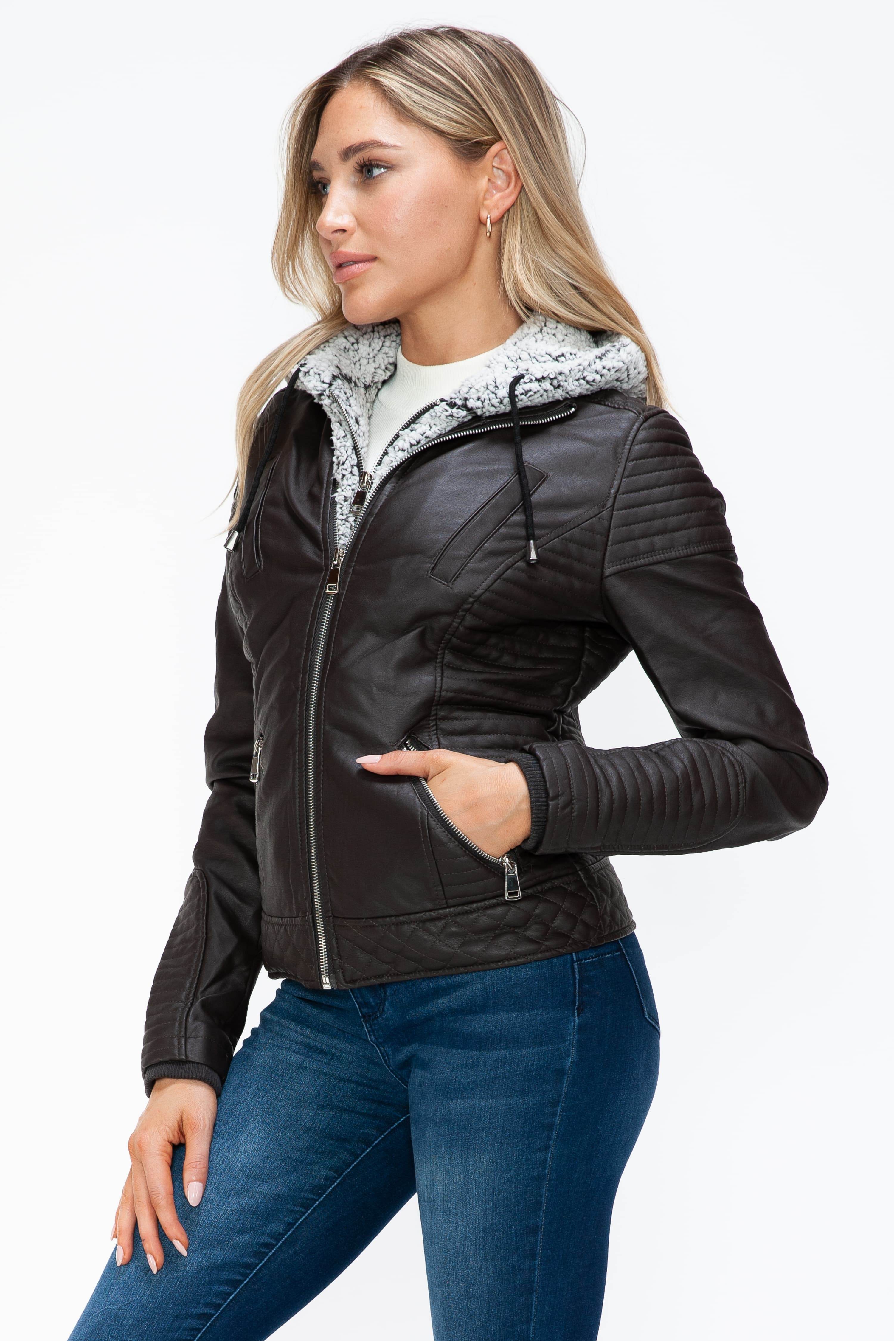 YMI Faux Layered Double-Zipper Jacket with Fuzzy Hood for a perfect OOTD – dress to impress outfits from Amexza