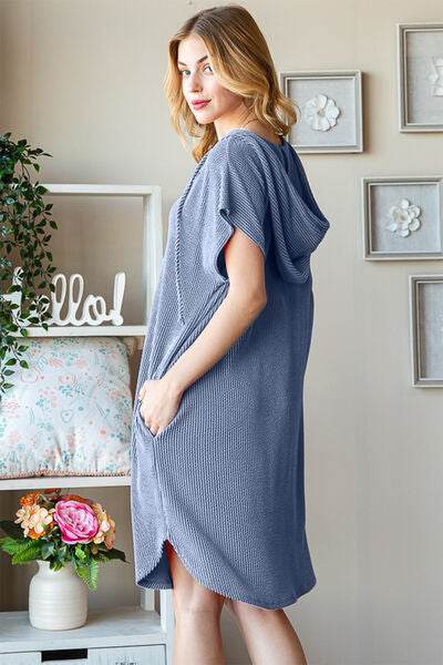 Heimish Full Size Ribbed Short Sleeve Hooded Dress for a perfect OOTD – dress to impress outfits from Amexza