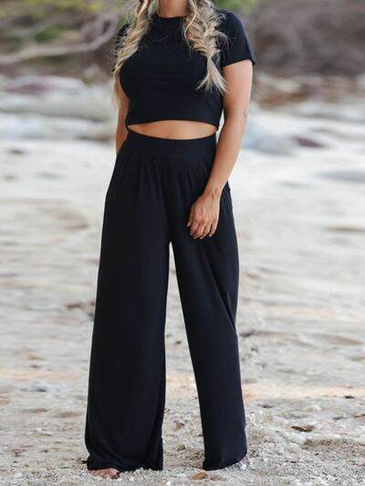 Round Neck Short Sleeve Top and Pocketed Pants Set Black for a perfect OOTD – dress to impress outfits from Amexza