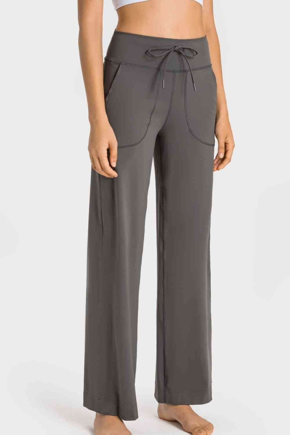 Millennia Drawstring Waist Wide Leg Sports Pants with Pockets - Amexza