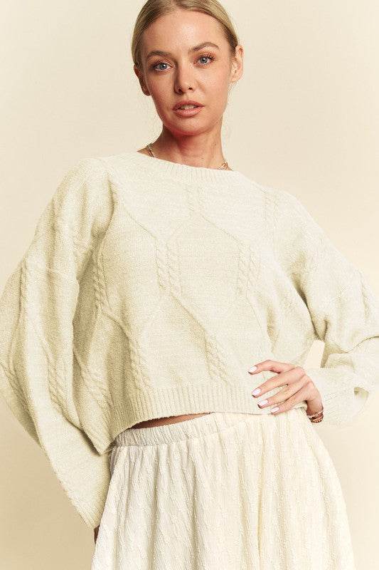 Davi & Dani Diamond Cable Pattern Drop Shoulder Sweater Ivory for a perfect OOTD – dress to impress outfits from Amexza