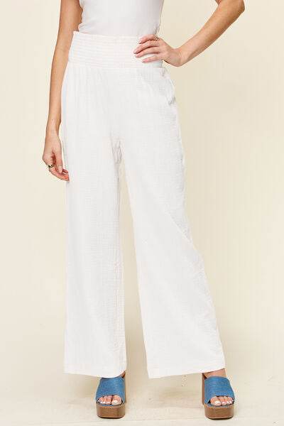 Double Take Full Size Texture Smocked Waist Wide Leg Pants White for a perfect OOTD – dress to impress outfits from Amexza