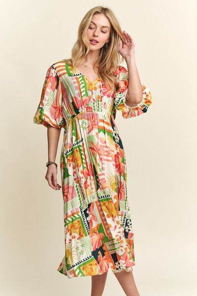 ADORA Floral V-Neck Puff Sleeve Midi Dress for a perfect OOTD – dress to impress outfits from Amexza