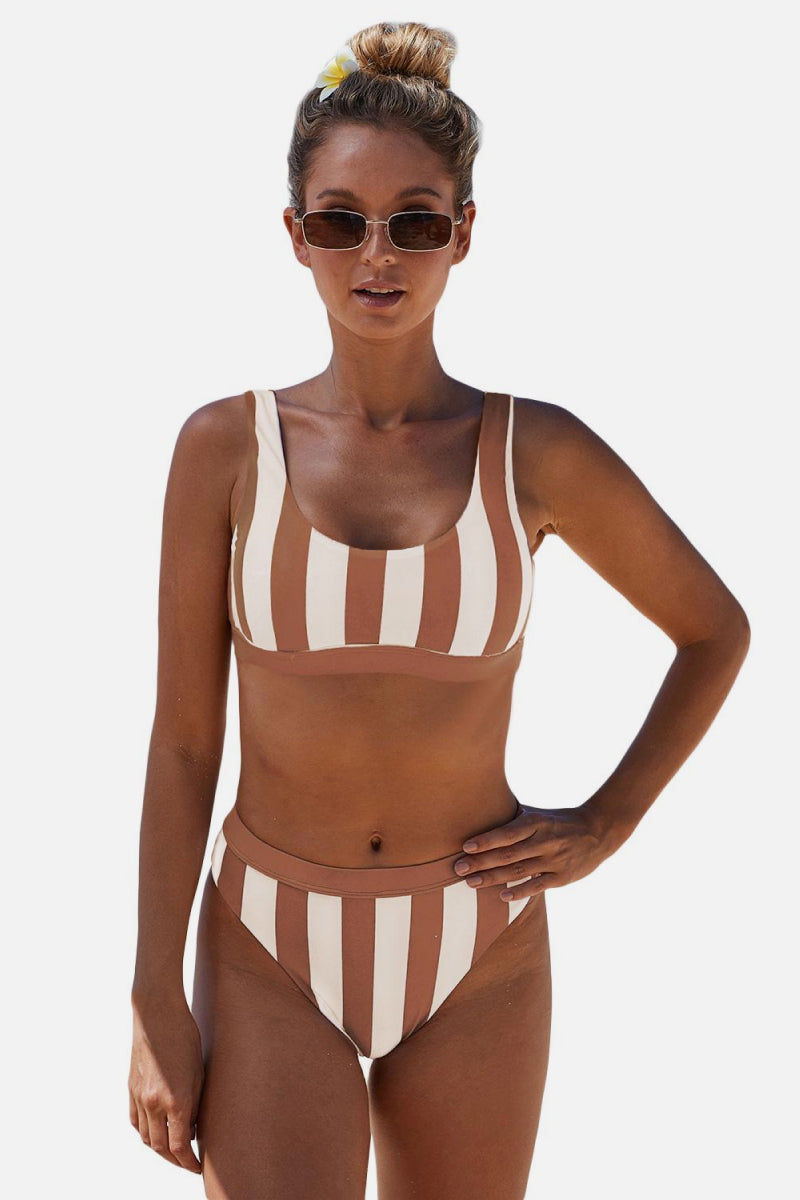 Striped Tank High Waist Bikini Brown for a perfect OOTD – dress to impress outfits from Amexza