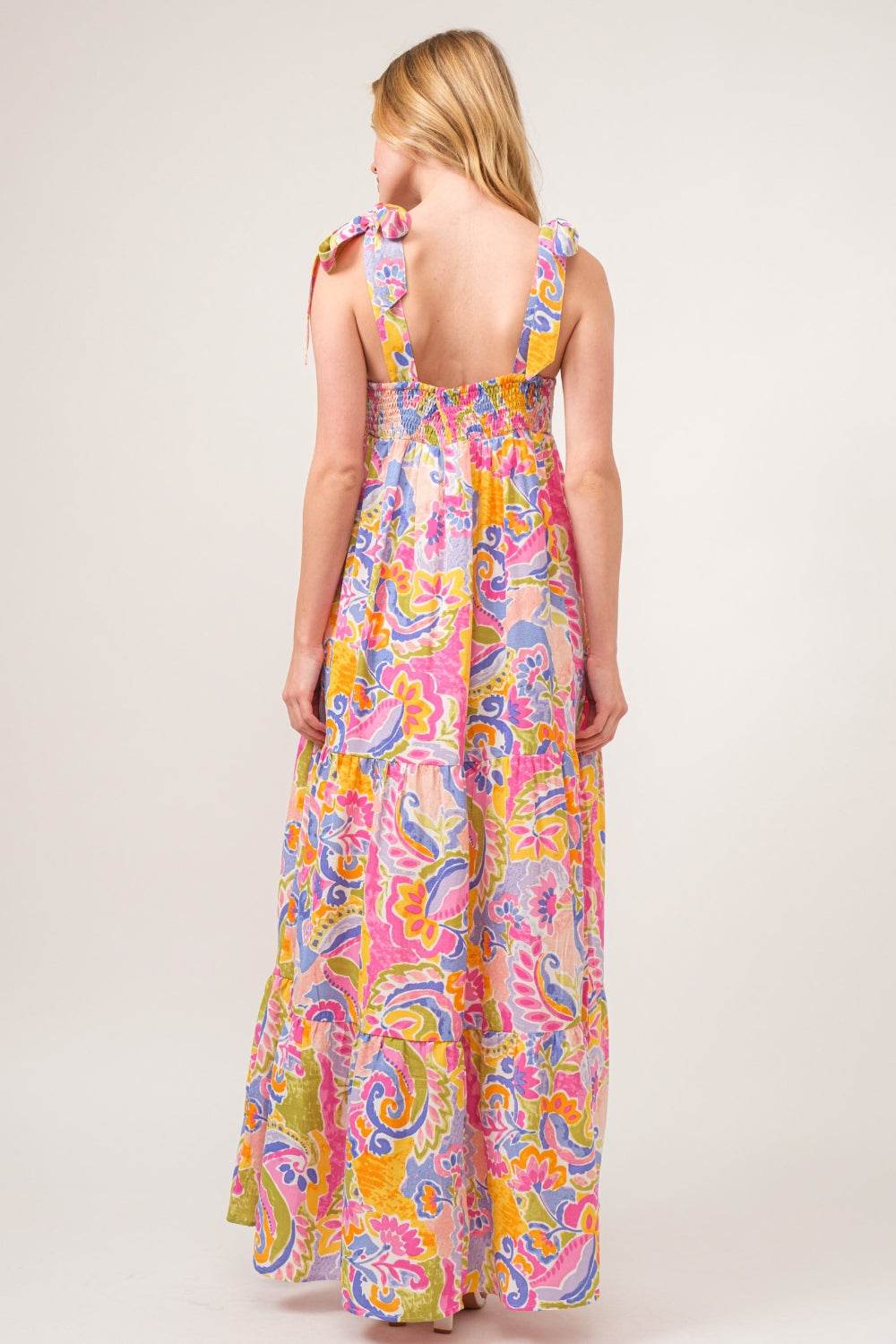 Full Size Printed Tie Shoulder Tiered Maxi Dress - Amexza