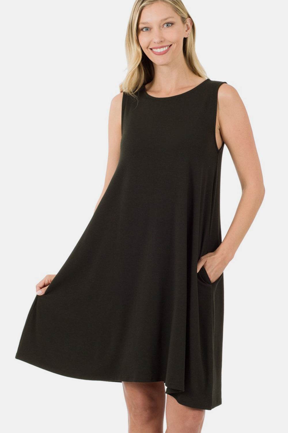 Zenana Full Size Sleeveless Flared Dress with Side Pockets Black for a perfect OOTD – dress to impress outfits from Amexza