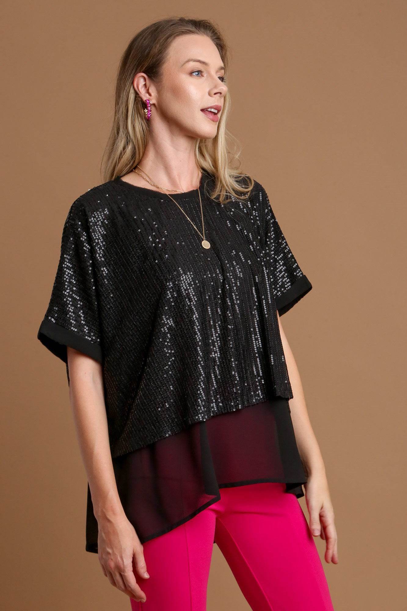 Umgee Sequin Half Sleeve Layered Blouse Black for a perfect OOTD – dress to impress outfits from Amexza