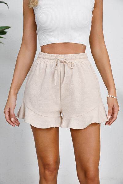 Full Size Drawstring Ruffle Hem Shorts Sand for a perfect OOTD – dress to impress outfits from Amexza