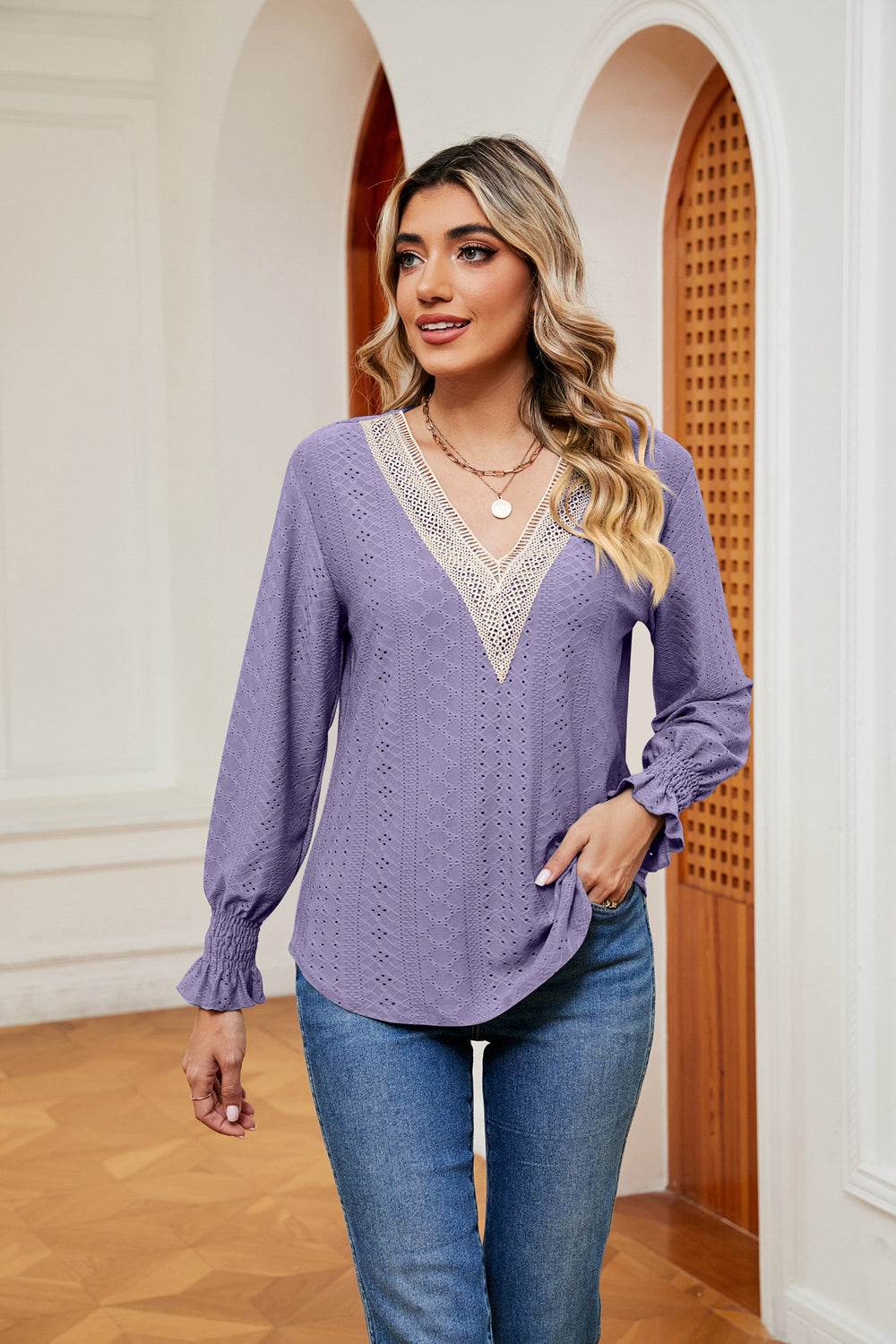 Contrast Flounce Sleeve Blouse Lavender for a perfect OOTD – dress to impress outfits from Amexza