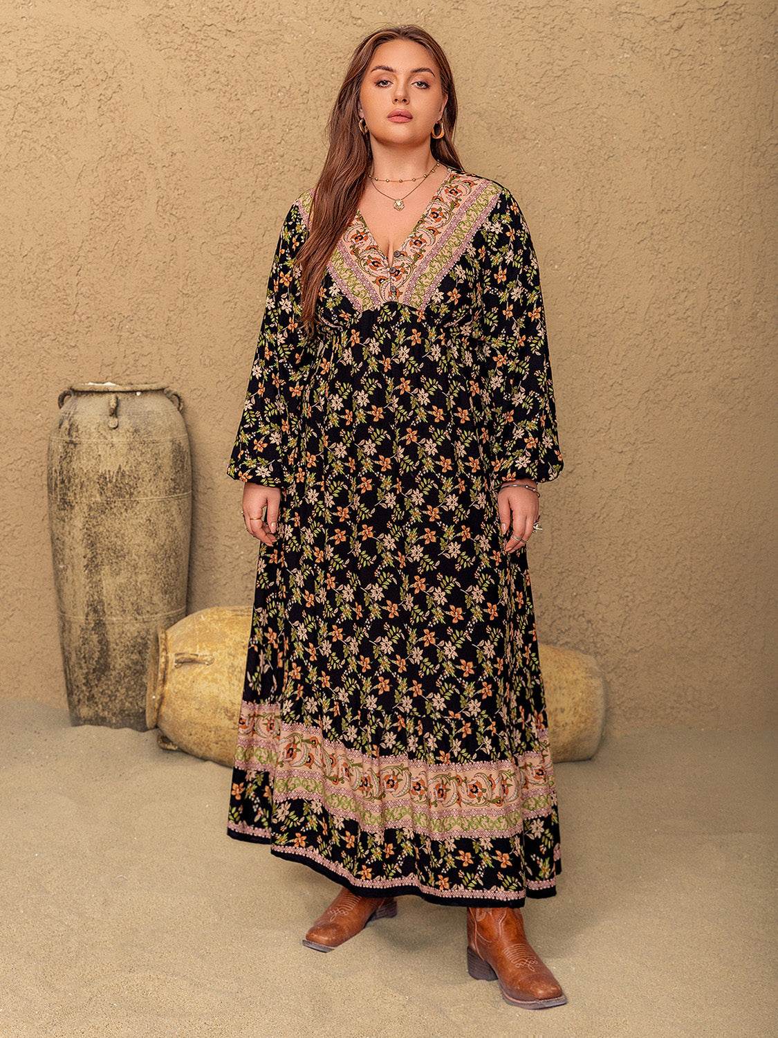 Plus Size Floral V-Neck Balloon Sleeve Dress - Amexza