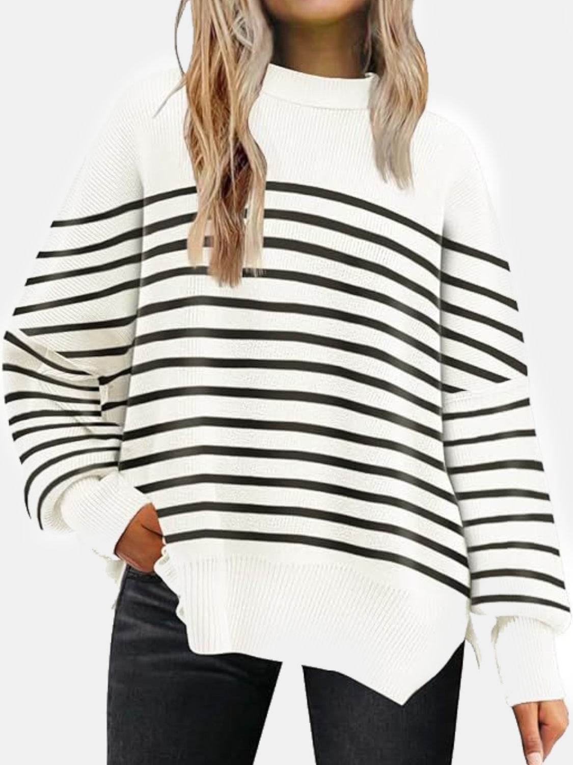 Round Neck Drop Shoulder Slit Sweater white stripes for a perfect OOTD – dress to impress outfits from Amexza