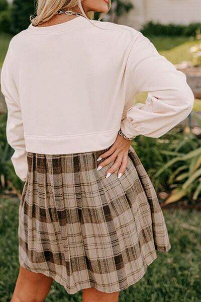 Plaid Round Neck Long Sleeve Mini Dress for a perfect OOTD – dress to impress outfits from Amexza