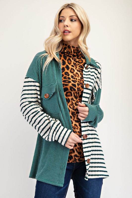 Celeste Full Size Striped Button Up Dropped Shoulder Shacket Turquoise for a perfect OOTD – dress to impress outfits from Amexza