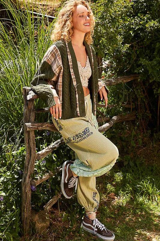 POL Cable-Knit Plaid V-Neck Button Up Cardigan - Amexza