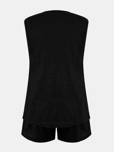 Full Size Waffle-Knit Notched Top and Shorts Set Black for a perfect OOTD – dress to impress outfits from Amexza