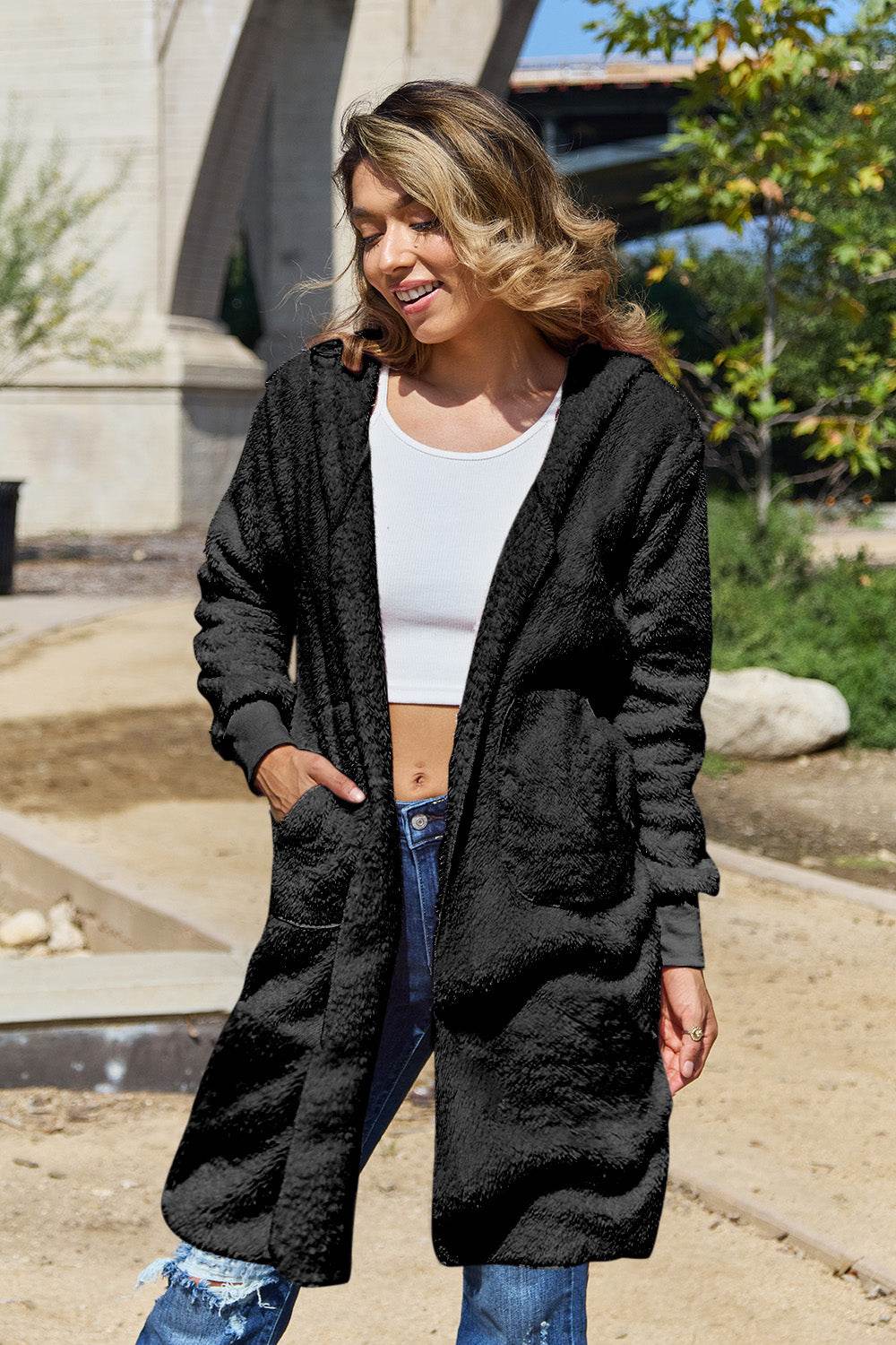 Double Take Full Size Hooded Teddy Bear Jacket with Thumbholes Black for a perfect OOTD – dress to impress outfits from Amexza