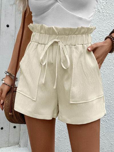 Perfee Paperbag Waist Shorts with Pockets Cream for a perfect OOTD – dress to impress outfits from Amexza