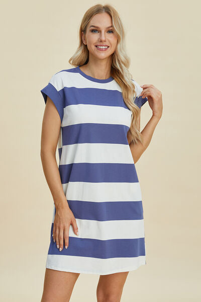 Basic Bae Full Size Striped Round Neck Cap Sleeve Mini Dress for a perfect OOTD – dress to impress outfits from Amexza