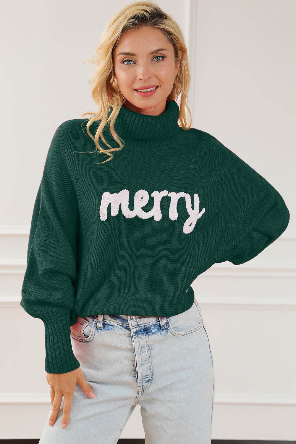 Merry Letter Embroidered High Neck Sweater - Amexza