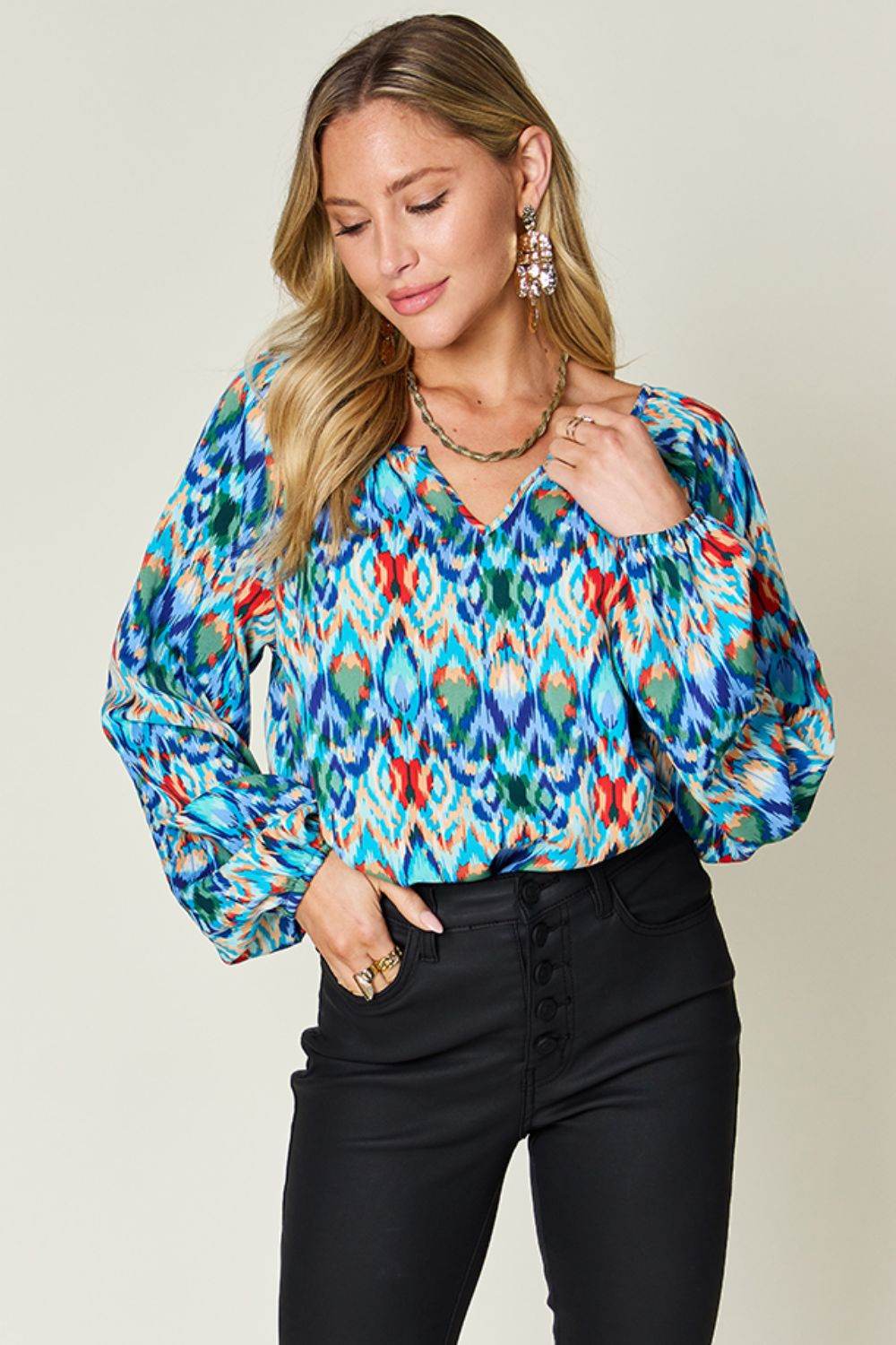 Double Take Full Size Printed Balloon Sleeve Blouse Sky Blue for a perfect OOTD – dress to impress outfits from Amexza