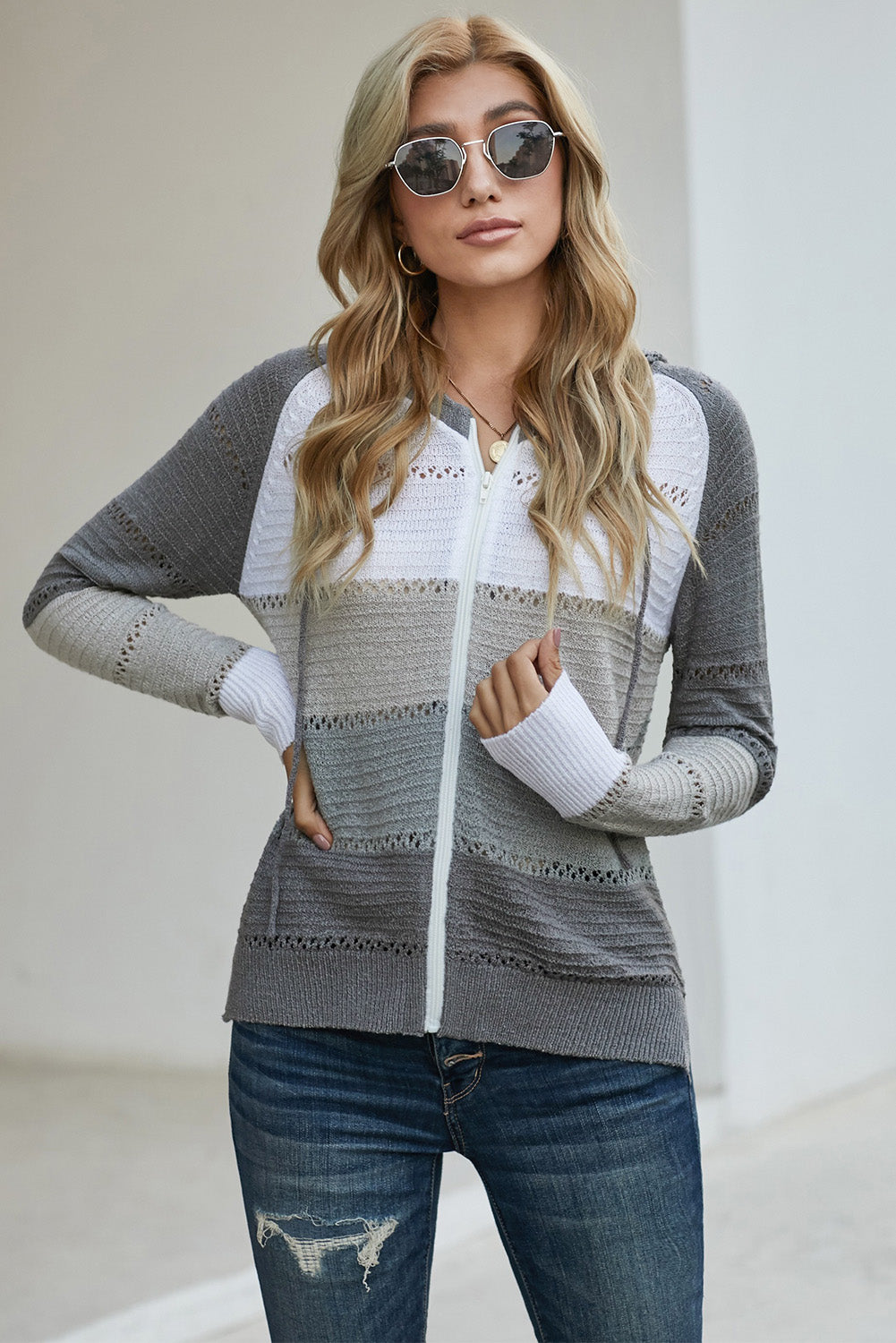 Zip-Up Raglan Sleeve Openwork Hooded Cardigan for a perfect OOTD – dress to impress outfits from Amexza