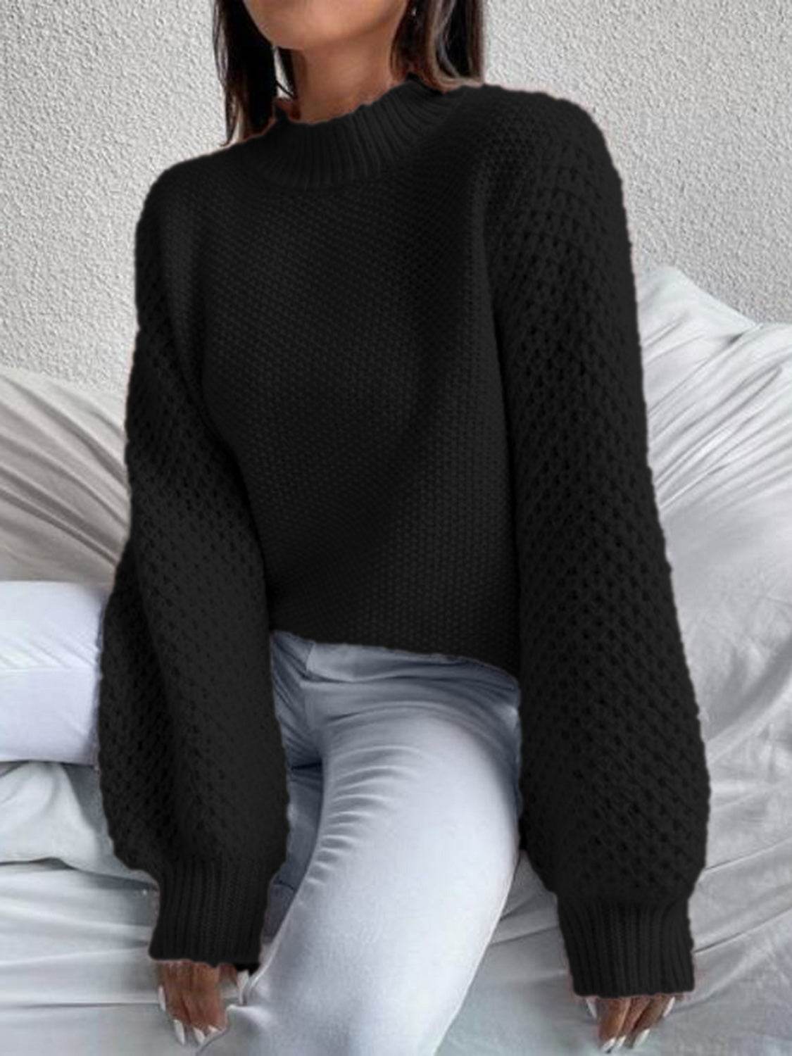 Openwork Mock Neck Long Sleeve Sweater for a perfect OOTD – dress to impress outfits from Amexza