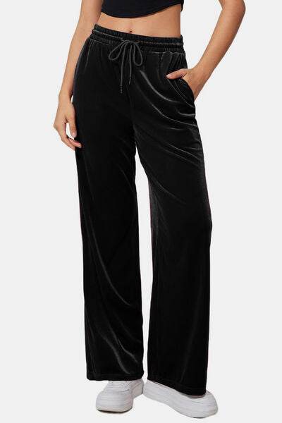 Drawstring Elastic Waist Straight Leg Pants - Amexza