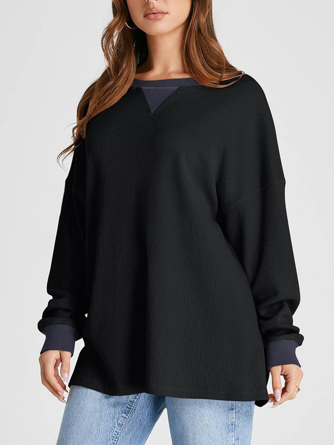 Waffle Knit Round Neck Long Sleeve T-Shirt for a perfect OOTD – dress to impress outfits from Amexza