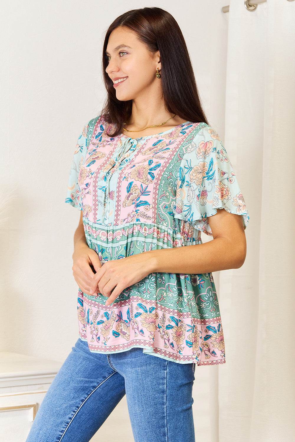 Perfee Floral Tie Neck Short Sleeve Blouse - Amexza