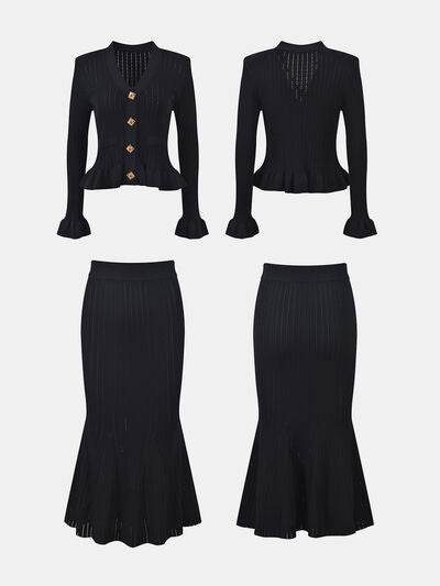 Ruffled V-Neck Top and Midi Skirt Sweater Set for a perfect OOTD – dress to impress outfits from Amexza