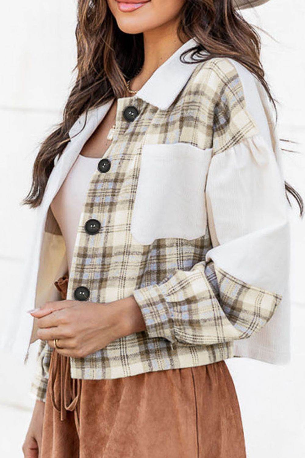 Corduroy Plaid Button Up Drop Shoulder Shacket for a perfect OOTD – dress to impress outfits from Amexza