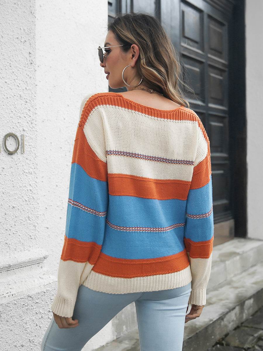 Striped V-Neck Drop Shoulder Sweater for a perfect OOTD – dress to impress outfits from Amexza