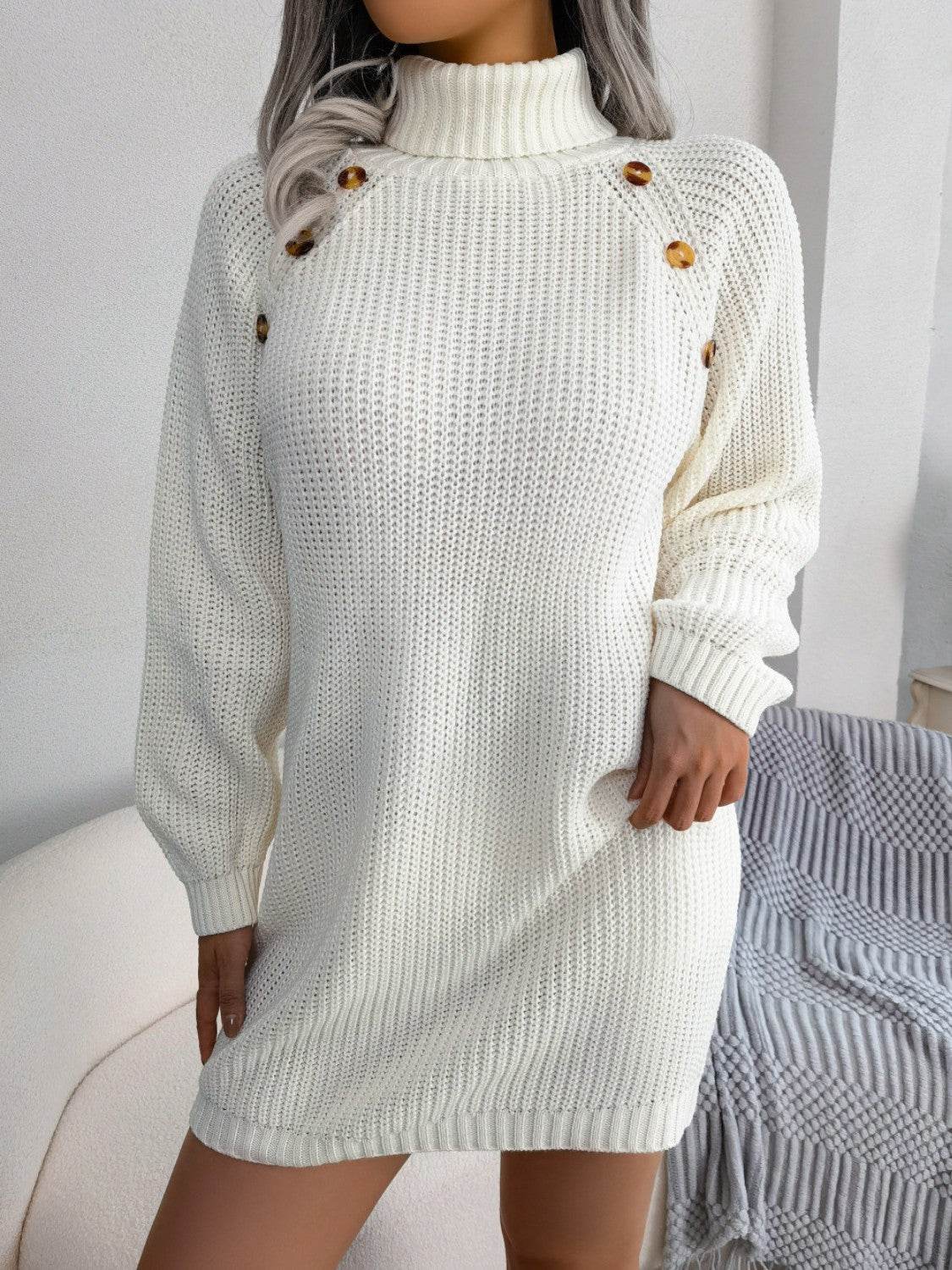 Decorative Button Turtleneck Sweater Dress White for a perfect OOTD – dress to impress outfits from Amexza