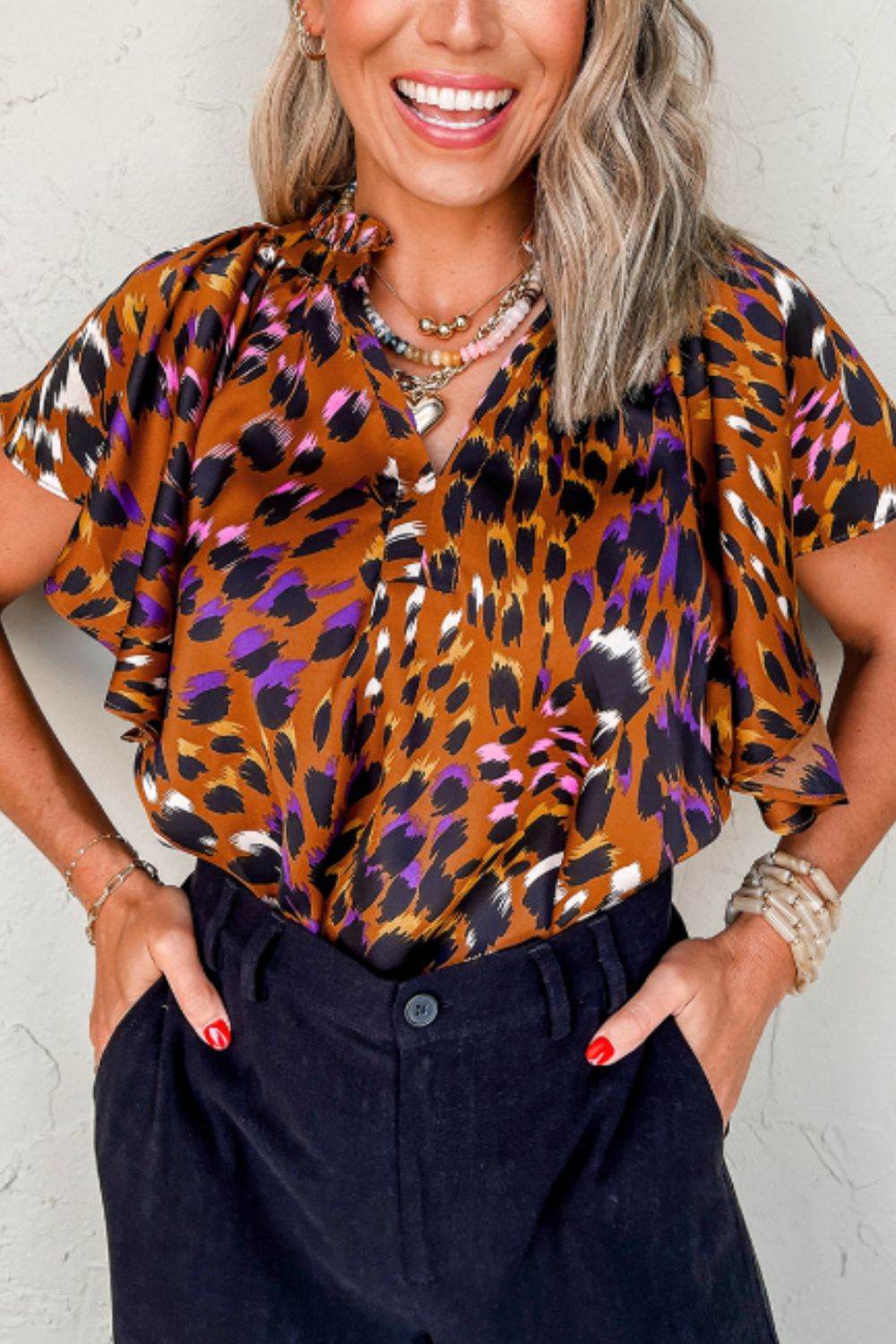 Leopard Notched Short Sleeve Blouse for a perfect OOTD – dress to impress outfits from Amexza