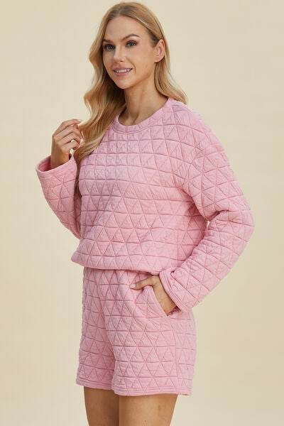 Double Take Full Size Texture Round Neck Long Sleeve Top and Shorts Set for a perfect OOTD – dress to impress outfits from Amexza