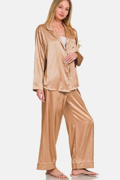 Zenana Satin Long Sleeve Shirt and Pants Pajama Set for a perfect OOTD – dress to impress outfits from Amexza