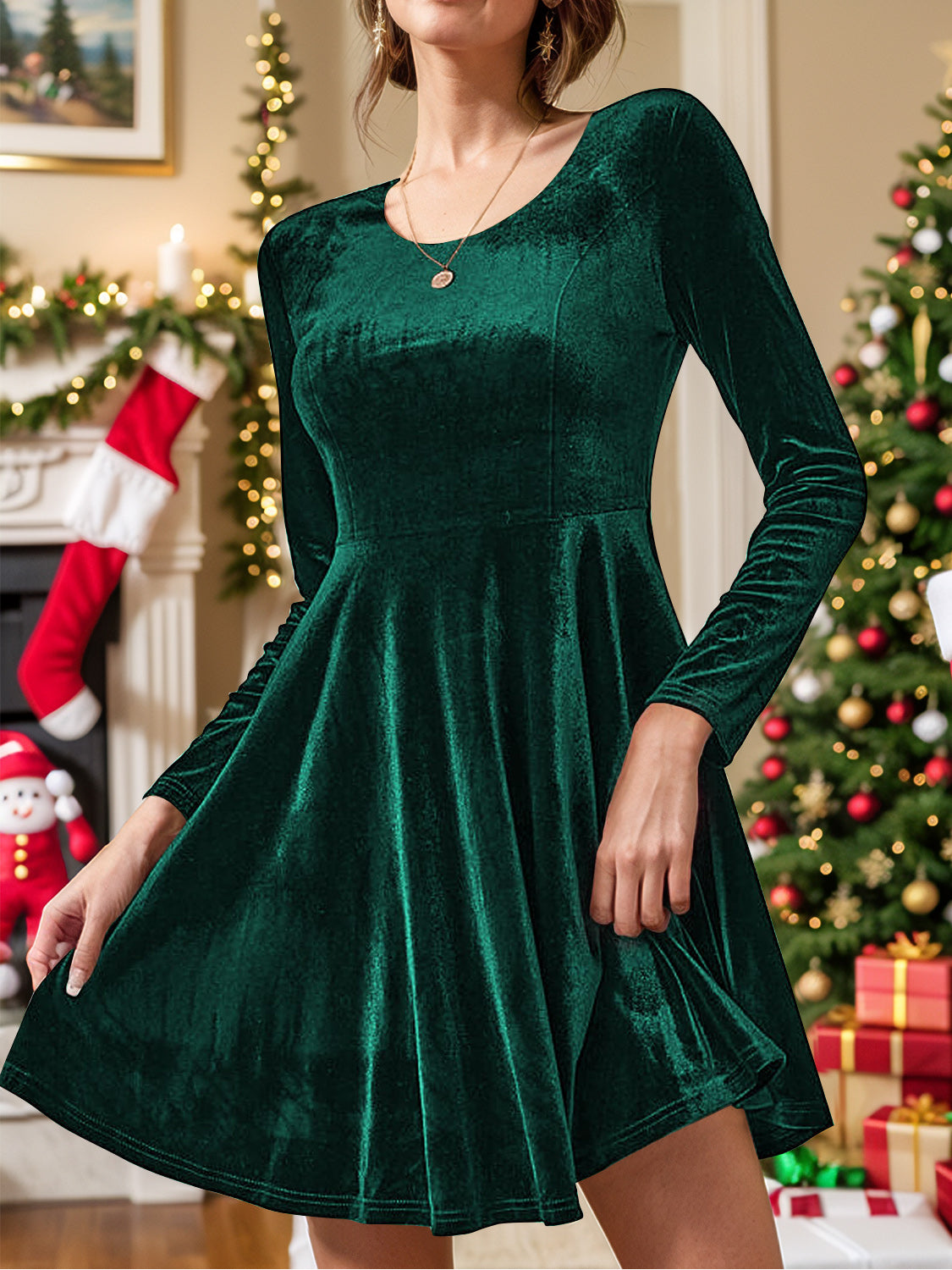 Round Neck Long Sleeve Knee Length Dress - Dark Green / S